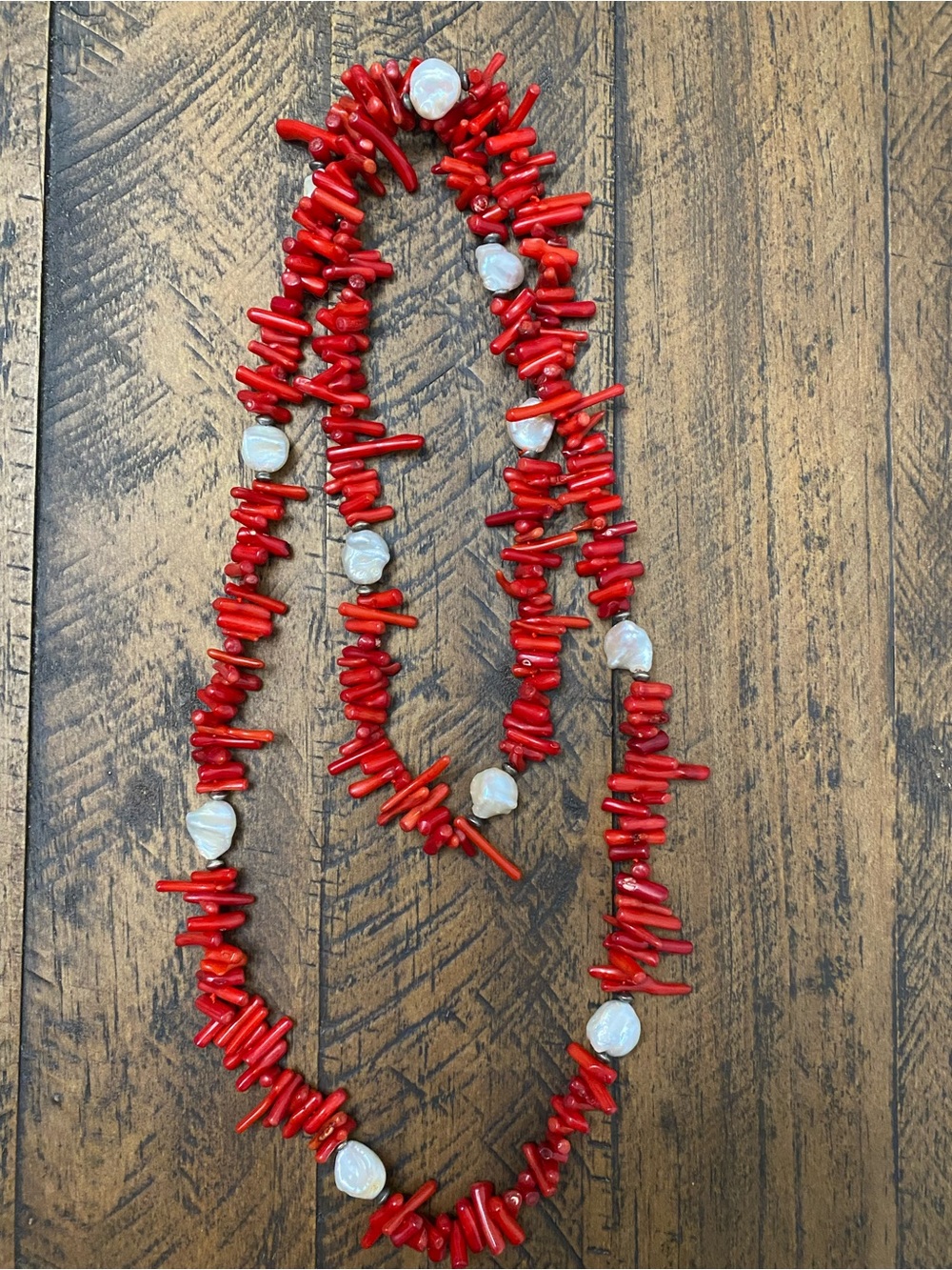 Vibrant Red Coral & white Pearl Statement Necklace Boho